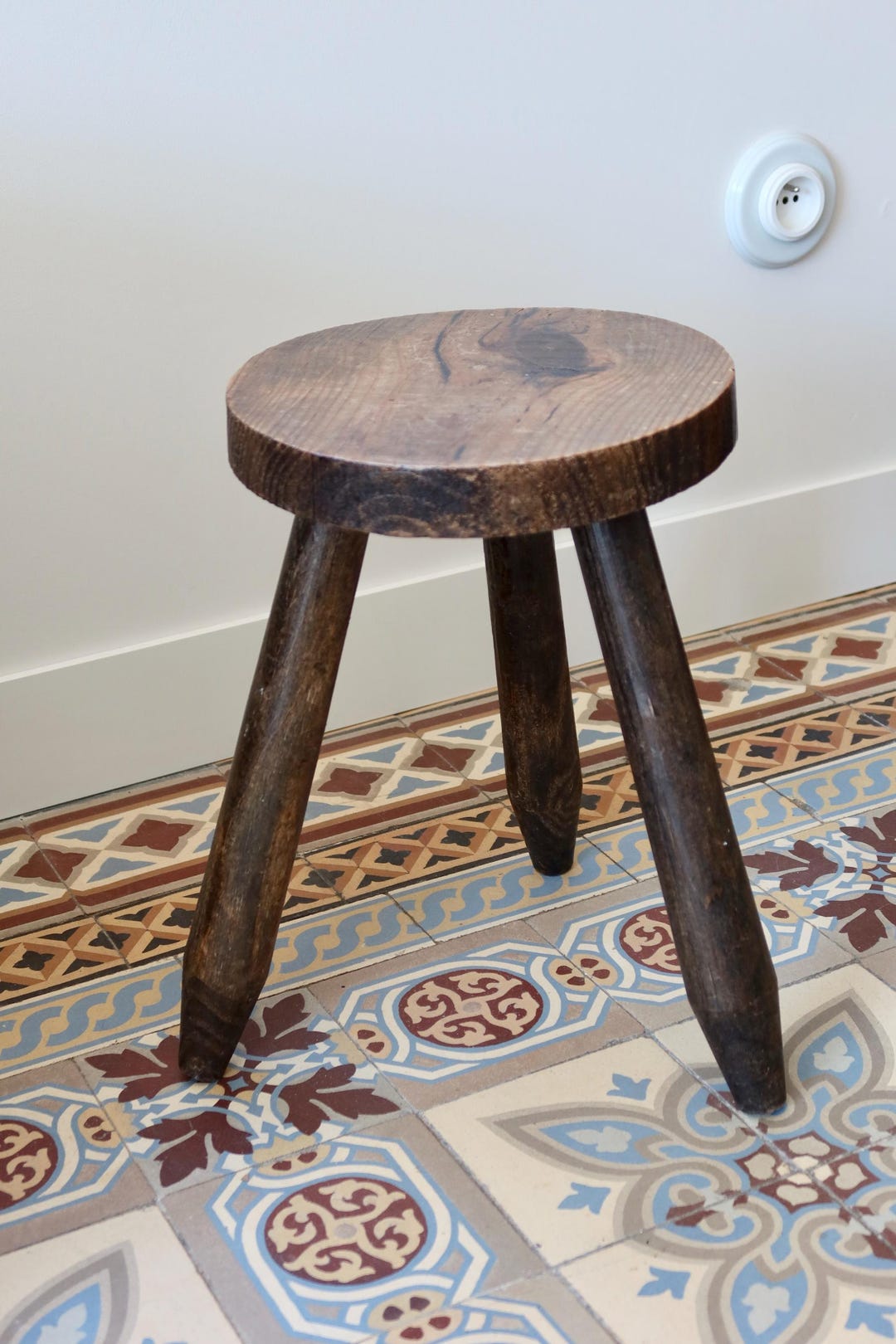 Antique Dark Wood Tripod Stool - Wooden Side Table - Brutalist Style ...