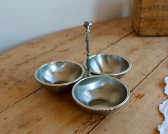 Vintage silver-plated metal appetizer serving set – 3 bowls – Condiment stand – Chrome tableware – Rémy Letang Jean Couzon style