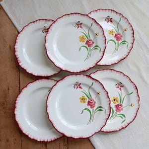 May include: A set of five white ceramic plates with scalloped edges painted in red. Each plate features a floral motif with green stems, yellow blossoms, and pink roses. The plates are arranged in a cluster, showcasing the consistent design.