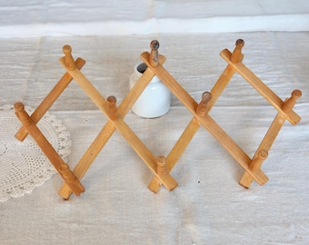 Perchero de pared vintage retráctil de madera de pino - Gancho plegable extensible - Almacenamiento de pared francés - Estilo rústico