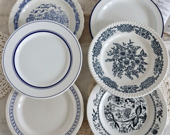 Années 1990 French vintage - 6 assiettes plates vintage dépareillées porcelaine bleue et blanche - Lot X - Vaisselle ancienne française