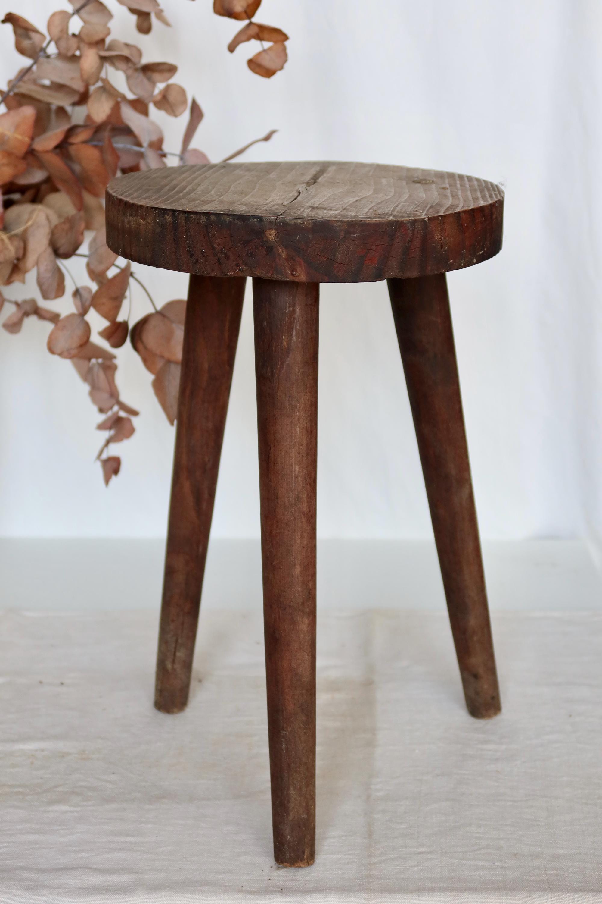 Vintage Wooden Tripod Stool - Thick Seat - Brutalist Style - Mid