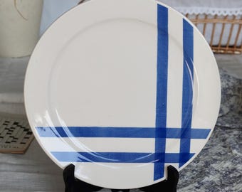 Vintage Round Serving Platter - Oxford Brazil - White Dinnerware with Blue Geometric Pattern - Antique English Dinnerware