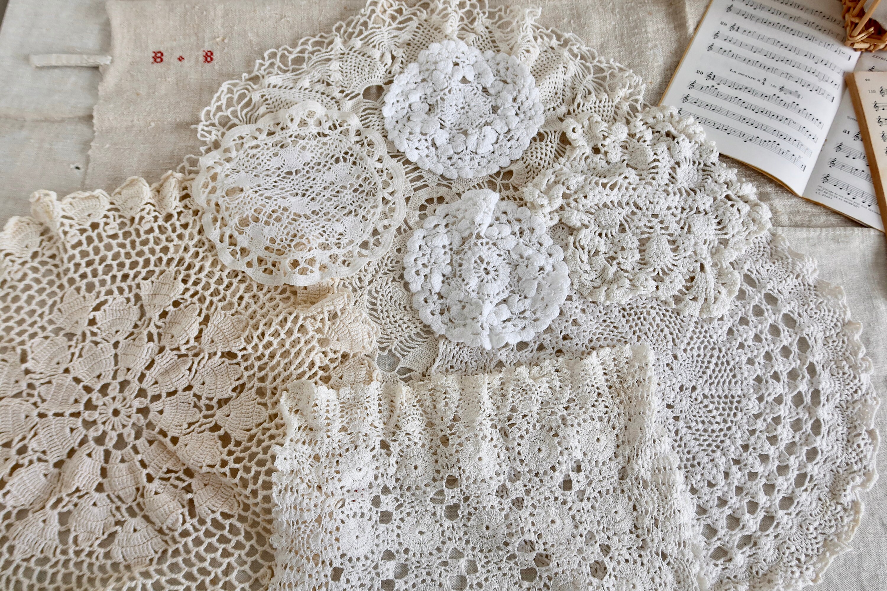 Lot De Antique Dentelle Bordures ( Mousseline, Coton, Lin ,Ourlet