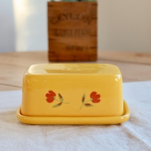 Vintage rechteckige gelbe Butterdose aus Keramik – Rot-grünes Blumendekor mit Untersetzer – Französisches Geschirr – Landhausstil – Rustikaler Stil