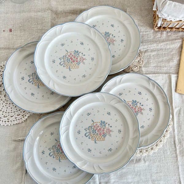 FLORAL PATTERN PLATE, 6 vintage flat plates Country Basket collection made in Japan floral pattern Reusable Tableware 1990s Plates