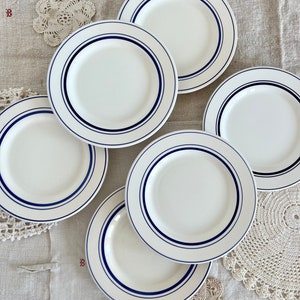 6 vintage bistro-style dessert plates, blue and white porcelain - Antique French tableware