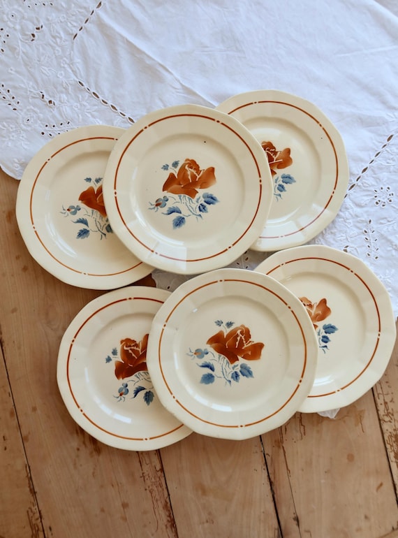 6 Vintage Sarreguemines Earthenware Dinner Plates - Rose Pattern
