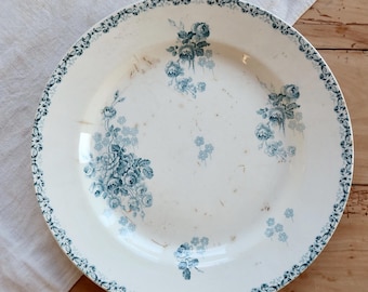 Antique round ironstone serving platter, Choisy le Roi HB&Cie, Lucie pattern, floral design - Blue decoration - French tableware