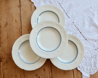 4 platos hondos de loza color marfil vintage – doble borde azul – borde festoneado – vajilla francesa – estilo provenzal
