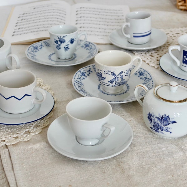 VINTAGE TEA SERVICE | White Blue Tea Set | Timeless Coffee Set | Antique Tea Service | Mismatched Vintage French Porcelain Cup And Saucer