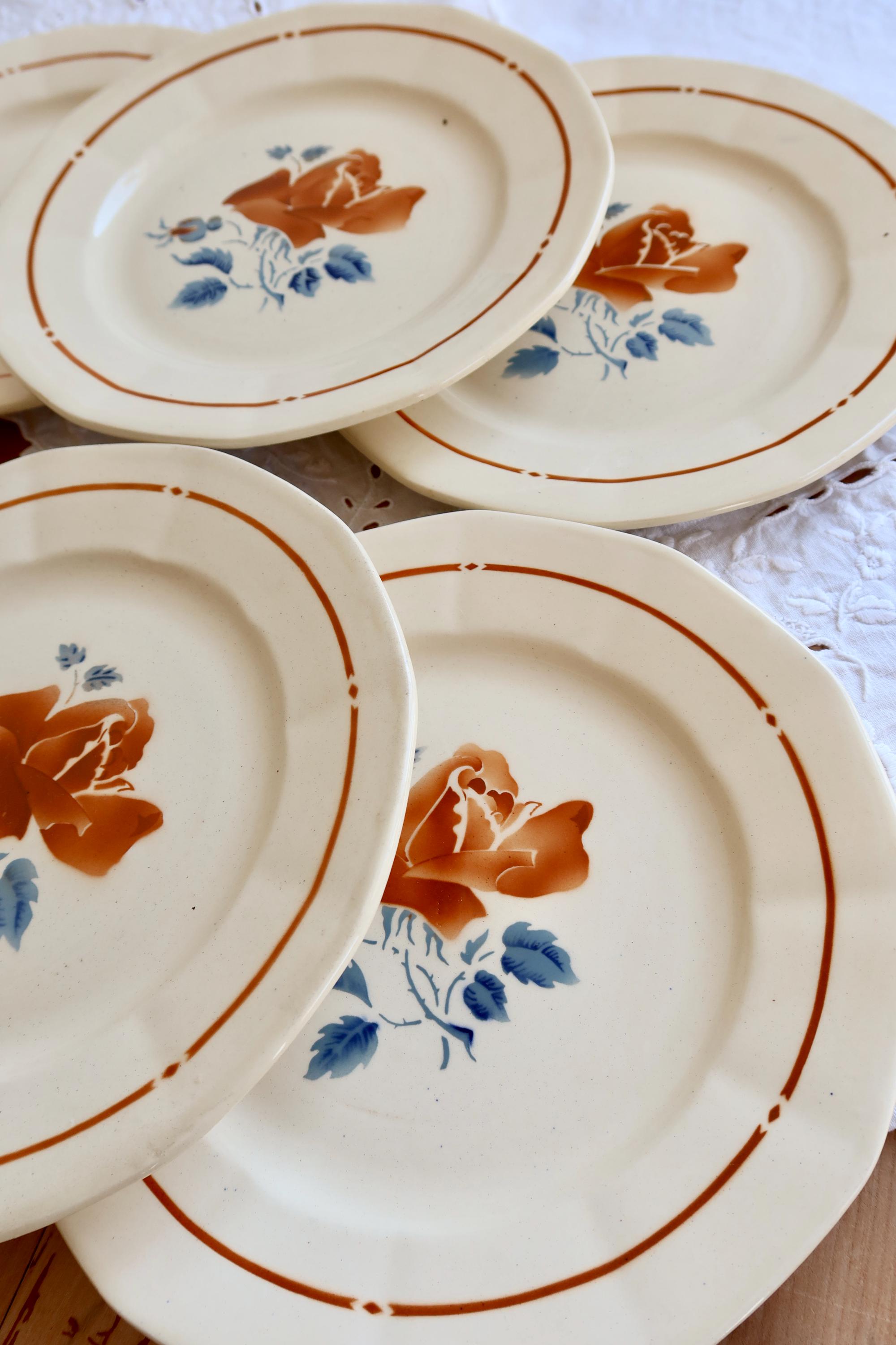 6 Vintage Sarreguemines Earthenware Dinner Plates - Rose Pattern