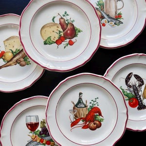 6 assiettes à pain anciennes en faïence décor entrées - Assiettes illustrées vintage - Vaisselle française vintage - Style cottage core