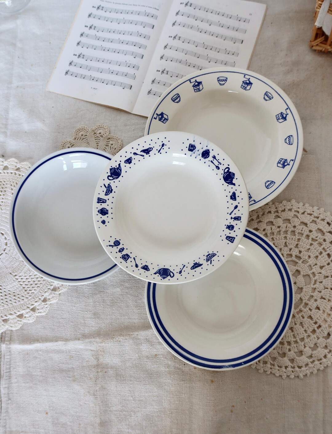 Mismatched Tableware 1990s French Vintage - 6 Mismatched Blue and White Porcelain Soup ...