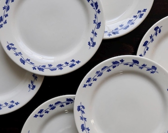 6 Vintage Dessertborden – Oxford Aardewerk – Wit & Blauw – Klimopmotief – Antiek Engels Serviesgoed