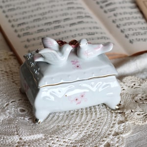 Pequeña caja de porcelana vintage con pájaros - Estilo rústico - Decoración francesa antigua - Almacenamiento de cerámica