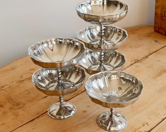 6 vintage ijskommen in Jean Couzon-stijl - Verzilverd metaal - Verchroomd servies - Vintage roestvrij staal - Bistrostijl - Frans servies