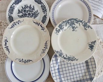 Années 1990 French vintage - 6 assiettes plates vintage dépareillées porcelaine bleue et blanche - Lot W - Vaisselle ancienne française