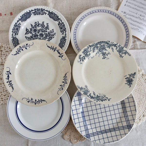 Années 1990 French vintage - 6 assiettes plates vintage dépareillées porcelaine bleue et blanche - Lot W - Vaisselle ancienne française