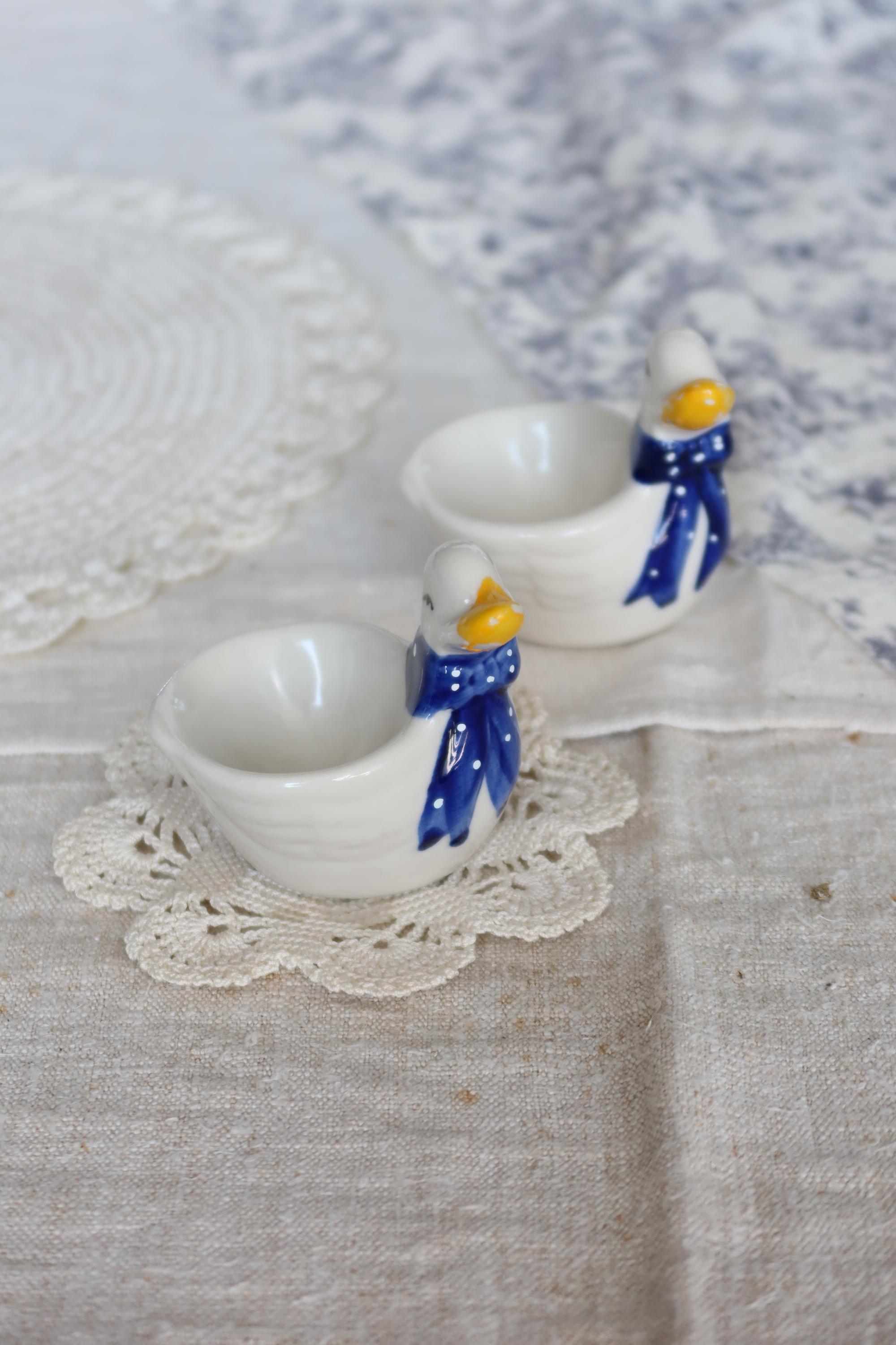 Lot De 4 Tasses Anciennes + 1 Coquetier Faïence Décor Vert XIXe-XXe Siècle - Vintage