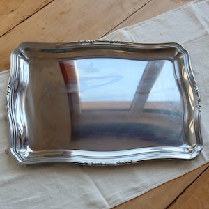 Bandeja grande de metal plateado estilo vintage – Forma rectangular – Acero inoxidable – Estilo bistró – Vajilla francesa antigua