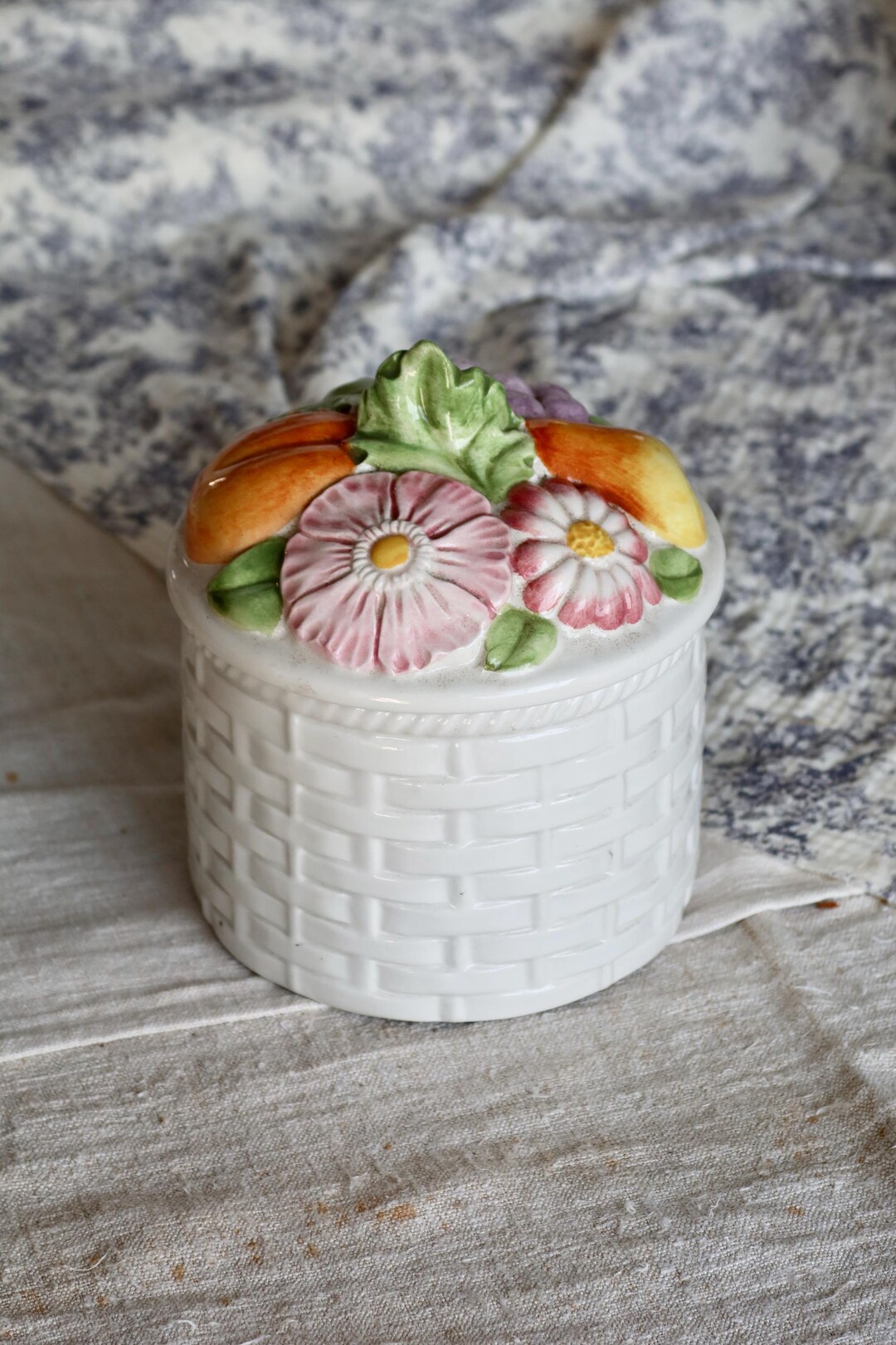 Vintage Woven Ceramic Candy Box With Slip - Lid With Embossed Fruits ...