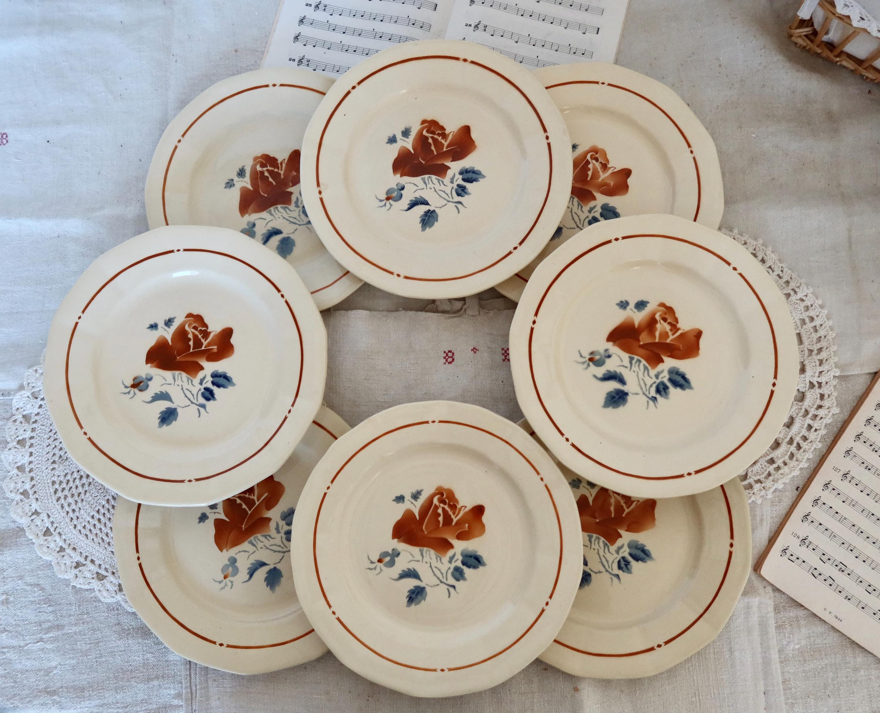 8 Vintage Sarreguemines Earthenware Dinner Plates With a Rose