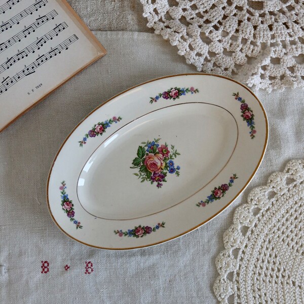 Année 1960 French vintage Ancien ravier en porcelaine motif fleuri liseré doré vintage - Vaisselle française ancienne - Cottage core