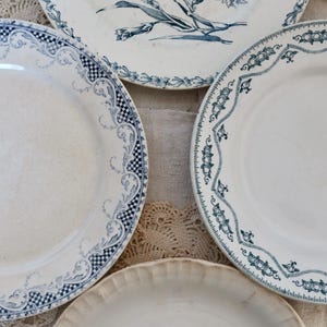 4 Antique Flat Plates Ironstone Blue Earthenware Mismatched - Antique Tableware - Ironstone - Cottage - French Vintage
