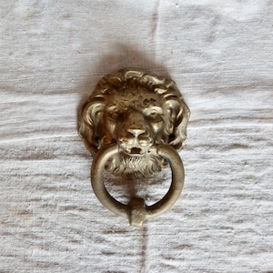 May include: Vintage brass lion head door knocker with a ring handle. The lion's face is detailed with a mane, nose, and mouth. The door knocker is mounted on a white, textured surface.