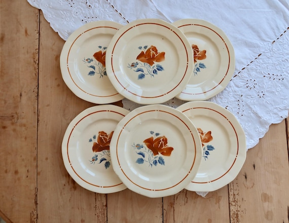 6 Vintage Sarreguemines Earthenware Dinner Plates - Rose Pattern