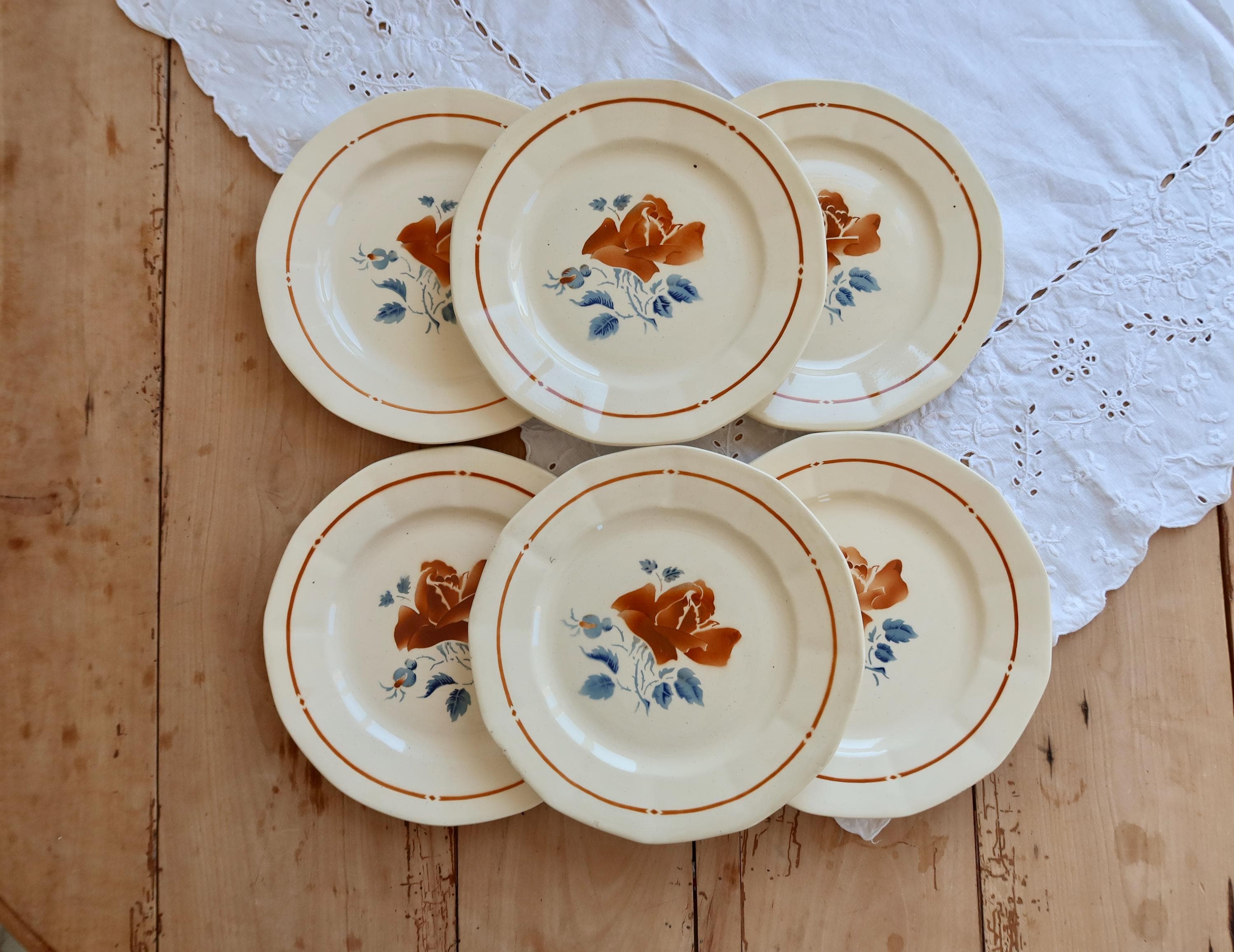 6 Vintage Sarreguemines Earthenware Dinner Plates - Rose Pattern