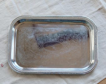 Vintage silver-plated metal serving tray – Engraved design – Stainless steel tableware – Rémy Letang Jean Couzon style – Chrome