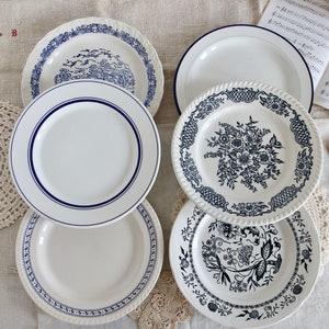 1900s French Vintage - 6 Vintage Mismatched Blue and White Dinner Plates - Lot W - Antique Mismatched Dinnerware - Cottage