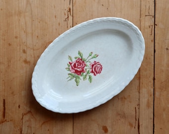 Vintage earthenware dish with rose pattern patina - Serving dish - Antique French tableware Antique style cottage core Table accessory