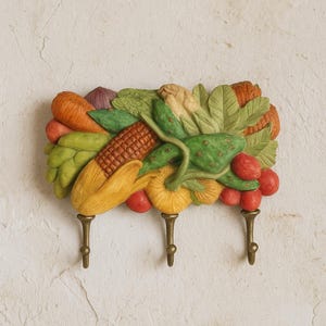 Perchero vintage de resina multicolor con estampado de frutas y verduras - 3 ganchos - Almacenamiento de pared - Decoración francesa antigua - Estilo cottage core