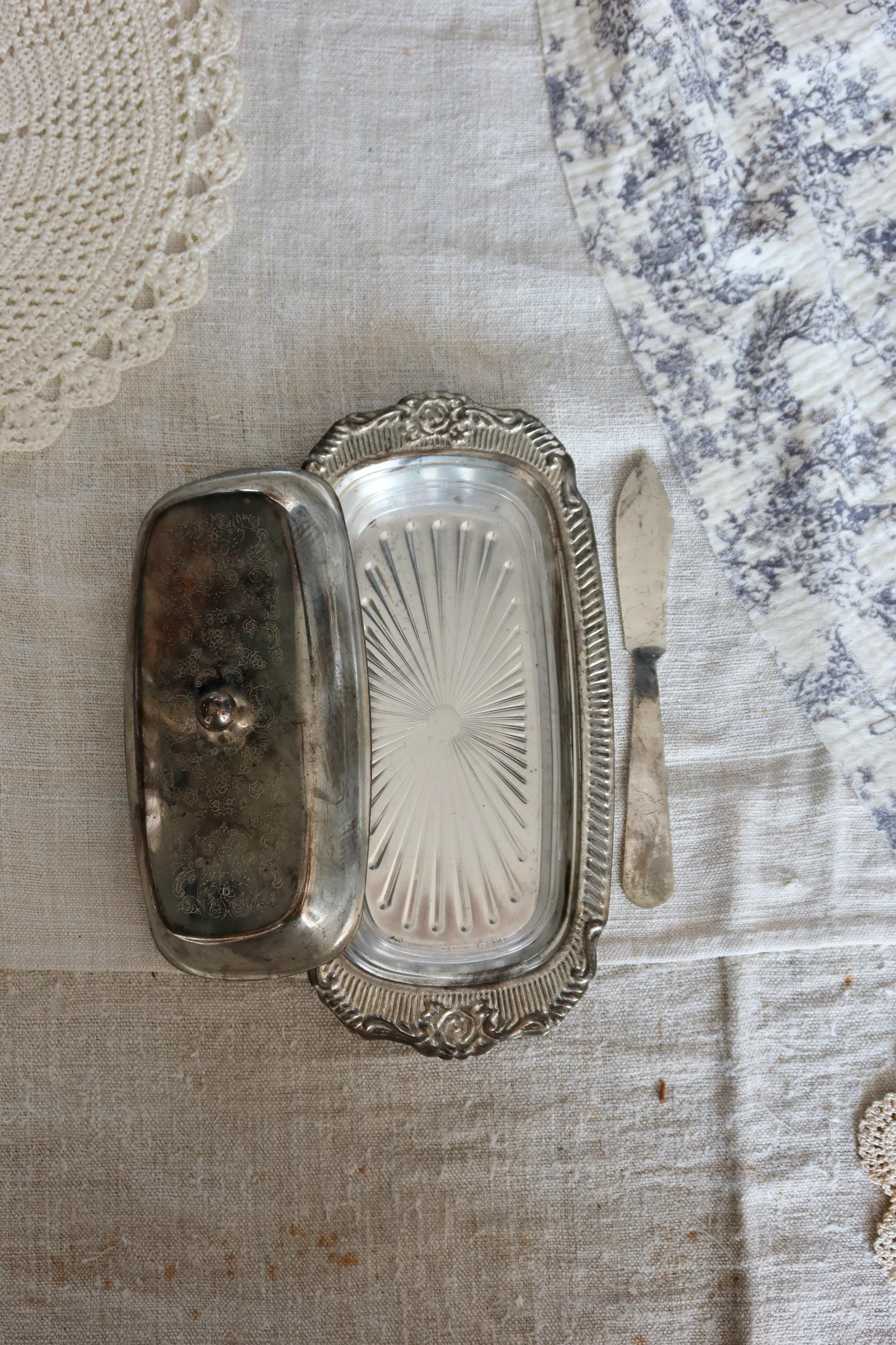 Beurrier Métal Argenté Vintage Avec Couteau Inox – Brillant, Sans Marque