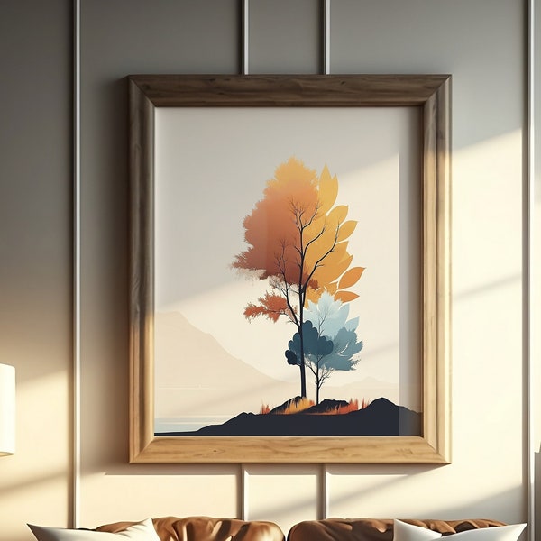 Art digital imprimable | Arbres d’automne orange et bleu | Haute résolution (300 dpi) | Art numérique | Téléchargement immédiat