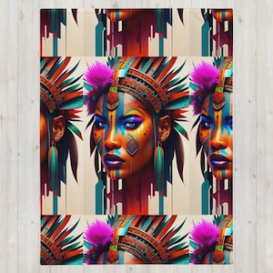 May include: A colourful digital art print featuring a woman with blue and yellow face paint wearing a headdress with feathers. The background is a geometric pattern of orange, blue, and green.