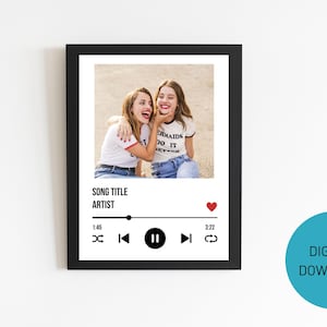 May include: A digital download of a printable music player design featuring a photo of two friends. The design includes a song title, artist, play button, and a heart icon.