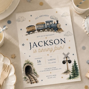 Vintage Train Birthday Invitation, All Aboard Railroad Party Invite, Editable Canva Template, Kids Digital Download