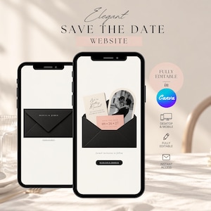 Puede incluir: Dos teléfonos inteligentes que muestran una plantilla de sitio web Elegant Save The Date. Las pantallas muestran sobres negros, una foto de una pareja y texto que incluye 09.26.27. El diseño es totalmente editable en Canva para móvil y escritorio.