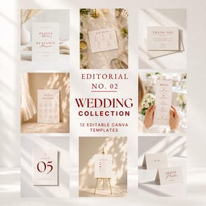 Puede incluir: Una colección de doce plantillas editables de papelería de boda en papel color crema con tipografía serif en rojo oscuro. El conjunto incluye un cartel de bienvenida, menú de bar, tarjeta de agradecimiento, plano de mesas y número de mesa.