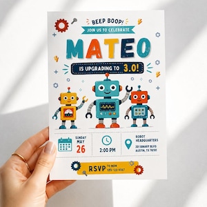 Może przedstawiać: Białe zaproszenie urodzinowe z trzema kolorowymi robotami i tekstem BEEP BOOP! JOIN US TO CELEBRATE MATEO IS UPGRADING TO 3.0! Zawiera szczegóły wydarzenia na niedzielę 26 maja o 14:00 w Robot Headquarters 201 Binary Blvd Austin TX 78701.