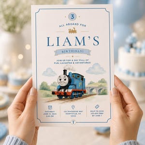 May include: A rectangular birthday invitation card featuring a blue train illustration, the text 'ALL ABOARD FOR LIAM'S BIRTHDAY!', date 'SATURDAY JUNE 14, 2025 2:00 PM', location '123 TRACKSIDE WAY HAPPYVILLE, CA 12345', and RSVP '123-456-7890 BY JUNE 7'.