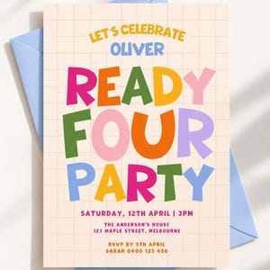 Pode incluir: Um cartão de convite retangular com fundo de grade pêssego claro e um envelope azul claro. O texto diz: LET'S CELEBRATE OLIVER READY FOUR PARTY SATURDAY, 12TH APRIL | 3PM THE ANDERSON'S HOUSE 123 MAPLE STREET, MELBOURNE RSVP BY 5TH APRIL SARAH 0400 123 456.