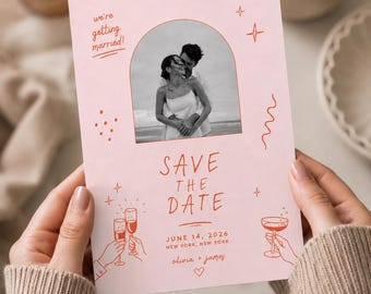 Whimsical Photo Save the Date Template, Fun Wedding Invitation, Colorful Doodle Card, Editable Canva Download