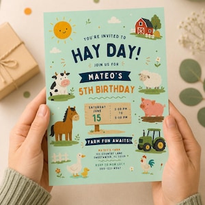May include: A light green birthday invitation card featuring a sun, a red barn, and farm animals including a cow, sheep, pig, horse, duck, and rooster. The text reads: YOU'RE INVITED TO HAY DAY! MATEO'S 5TH BIRTHDAY, SATURDAY JUNE 15, 2:00 PM TO 5:00 PM, FARM FUN AWAITS! MATEO'S FARM 123 COUNTRY LANE SWEETWATER, FL 33139, RSVP TO MOM LUCY 305-123-4567.