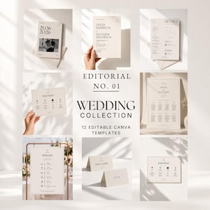 Op de afbeelding: Een collectie van twaalf bewerkbare trouwkaartsjablonen in neutrale beigetinten, voorzien van minimalistische typografie. De set bevat uitnodigingen, barmenu's, tijdlijnen, tafelindelingen en naamkaartjes met de tekst Editorial No. 01 Wedding Collection.