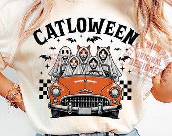 Catloween PNG: Rolig Halloween-kattspökdesign (digital nedladdning)